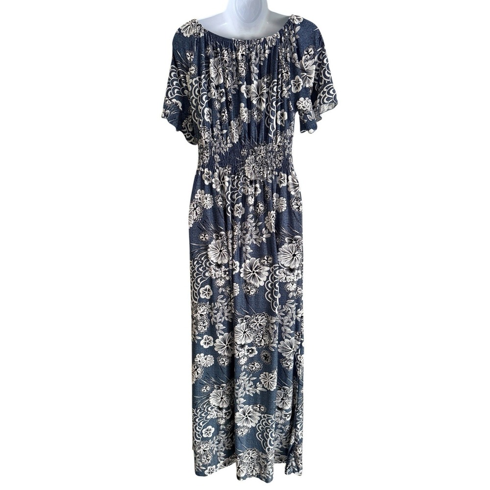 Anthropologie Kindred Floral Maxi Dress L Blue Smocked Waist Boho Cottagecore - Picture 7 of 10